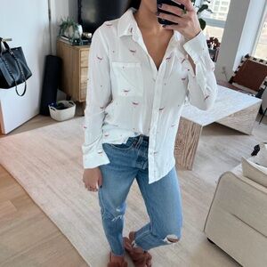White Button-Up Shirt with Red Accents